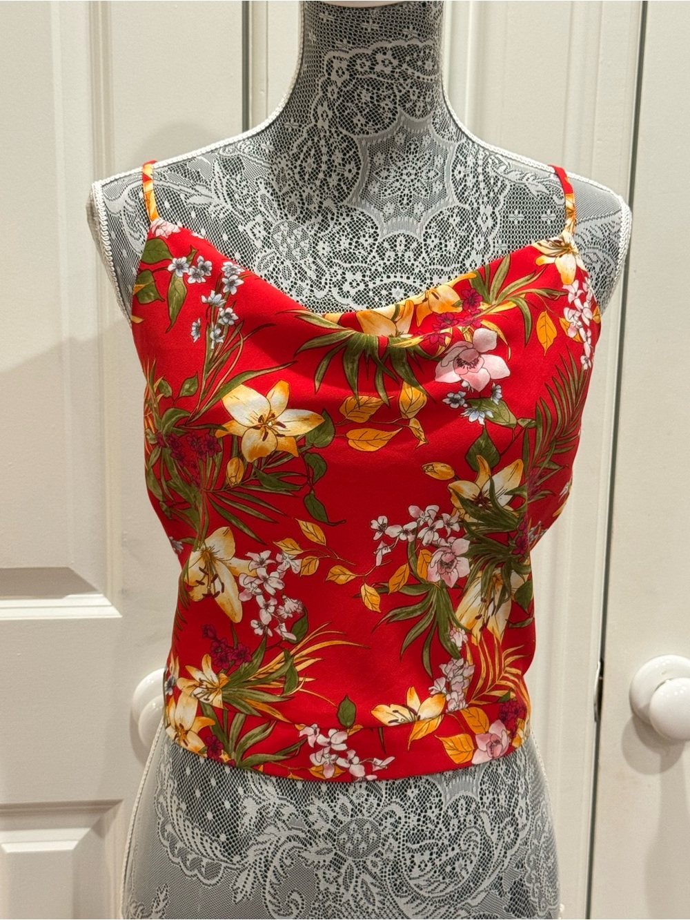 Floral Red Cowl Neck Top w/ Adjustable Straps and Tie Back Sz M Festival